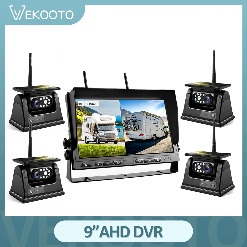 Digital Wireless 9 Inch QUAD Monitor DVR Video Recording+4x Solar Panel Magnetic Base Battery Reversing Cameras Truck