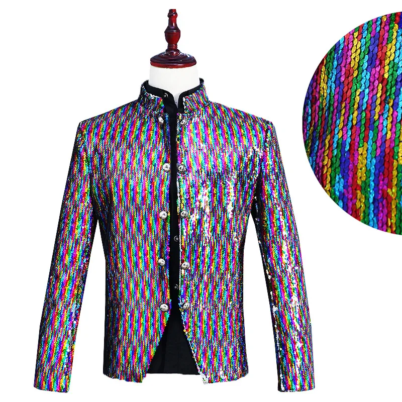 

Men's palace performance attire,colorful reversible laser sequins, Zhongshan attire,nightclub DJ hosting singer,stage pop jacket