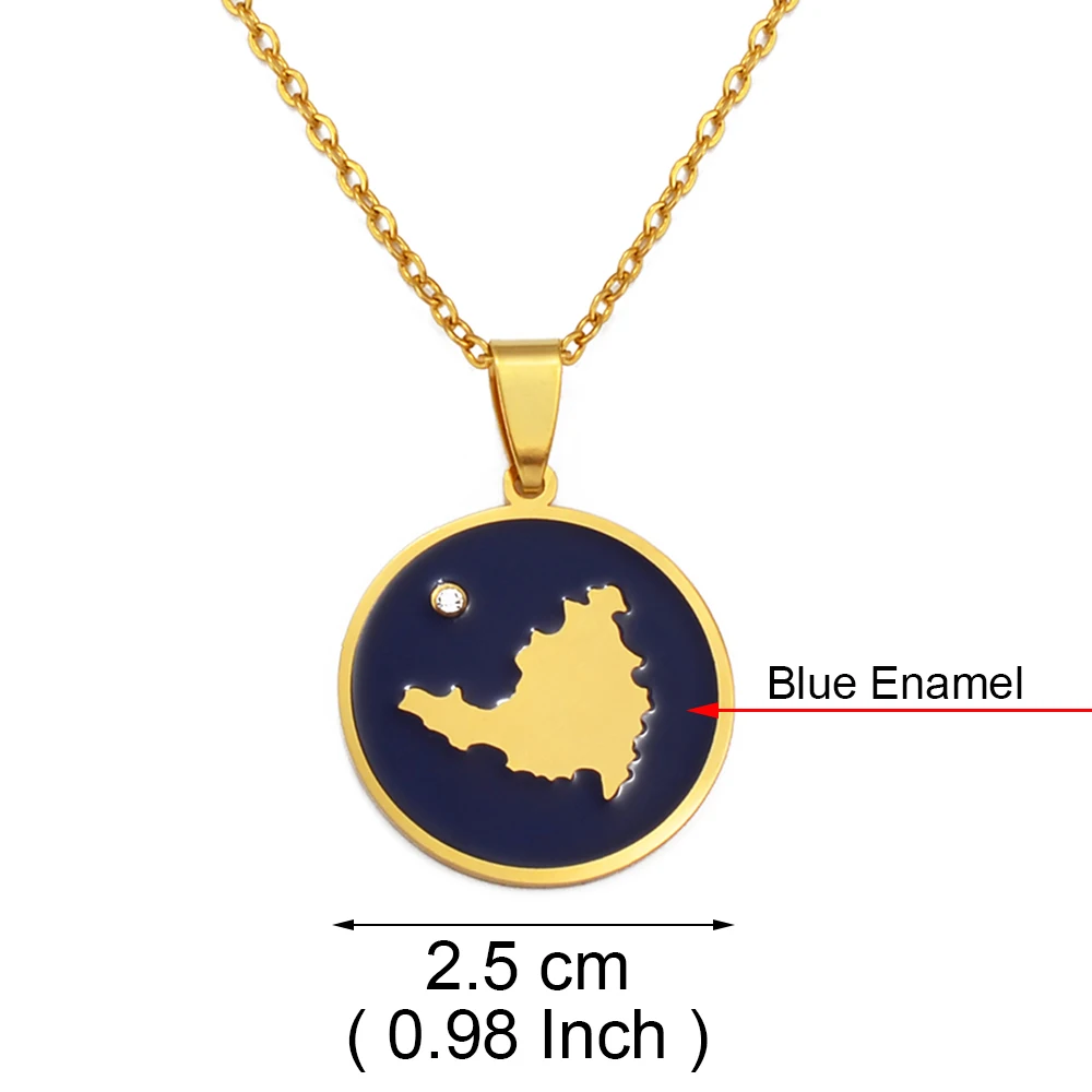 Anniyo Sint Maarten and Saint-Martin Round Map With Blue Enamel Pendant Necklaces Saint Martin SXM Jewelry #314621