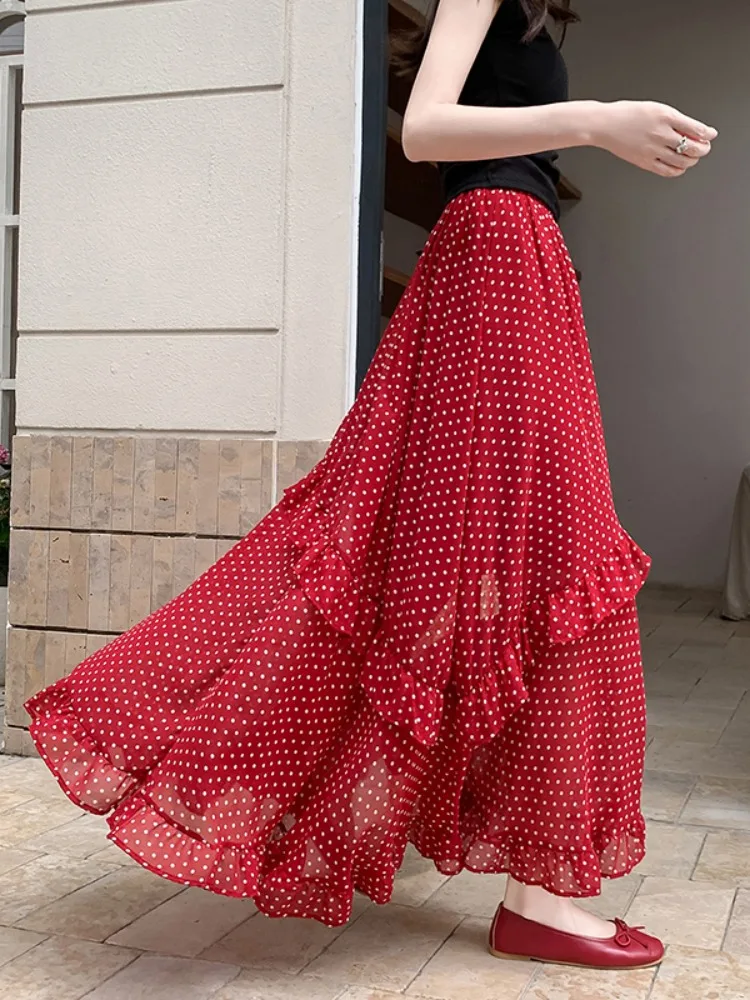 

Элегантная женская летняя юбка миди А-силуэта с завышенной талией в корейском стиле, в горошек, средней длины, с эффектом стройности, модный дизайн