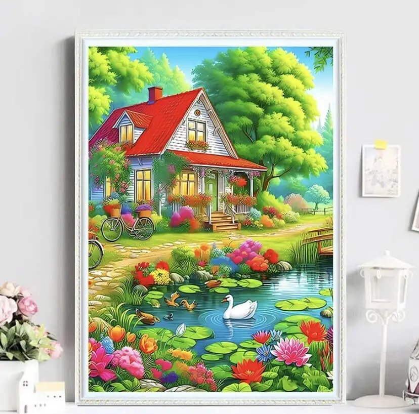 9ct 65X85cm Swans Lake House Pre-Printed Cross Stitch DIY Embroidery Set Handmade Handicraft Floss Needle Crafts