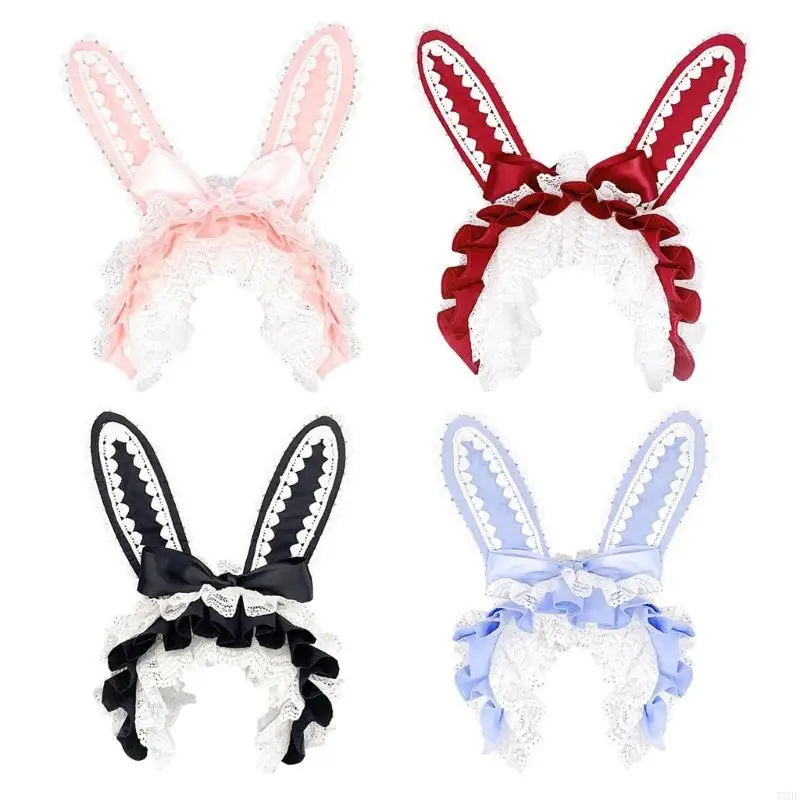 

77HE Lace Bowknot Hair Band Rabbit Ears Design Costume Hairhoop Anime Maid Headpiece for Women Girl Cosplay Party Dressingup