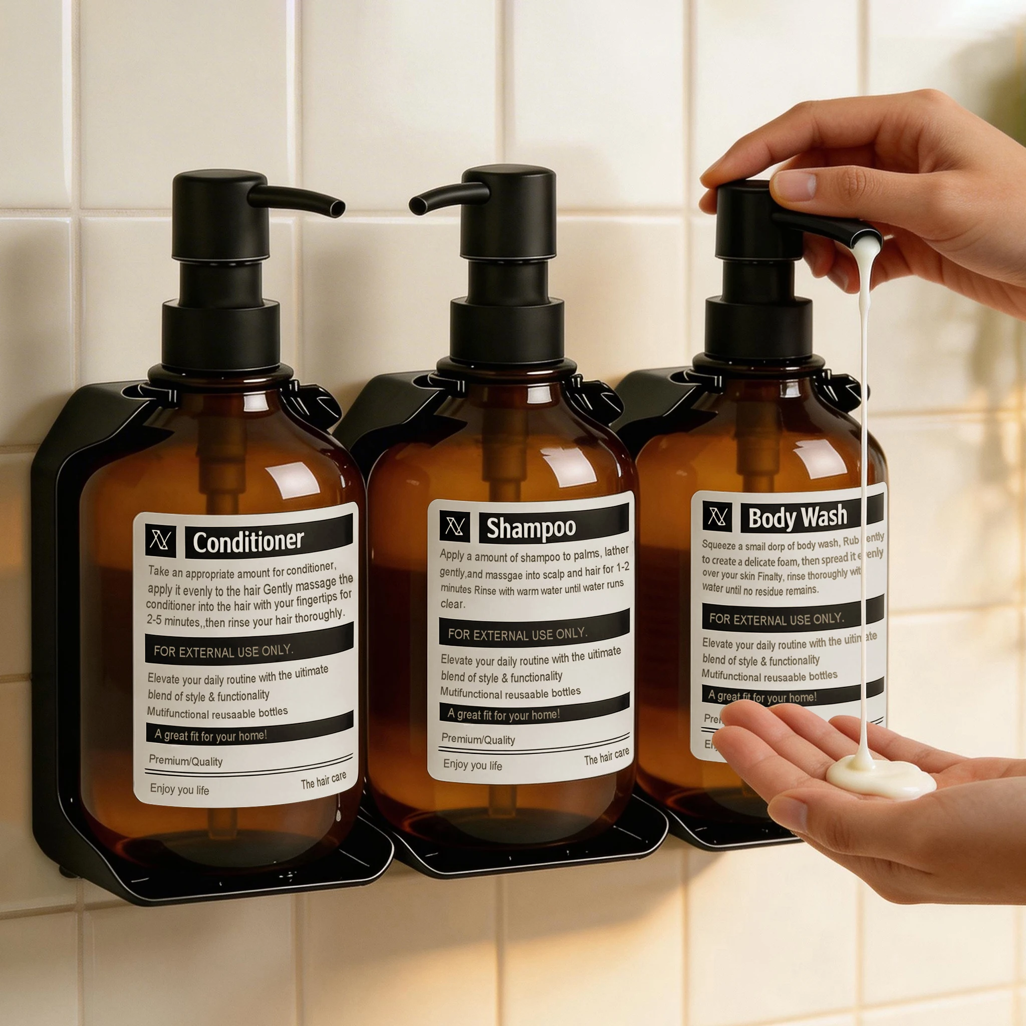 Wall Mount Shower Soap Dispenser, Refillable Shampoo Conditioner Body Wash Bottle with Wall Holder, No Drill Bathroom Containers view 2