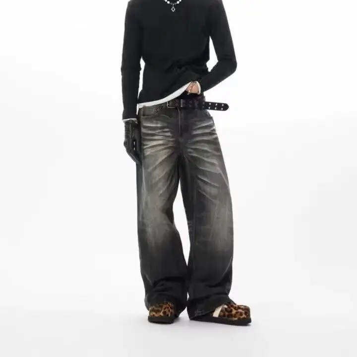 

Retro American Design Men's Loose Wide Leg Jeans Water Wa Straight Cut Casual Trousers mid Waist Zipper Spring Autumn