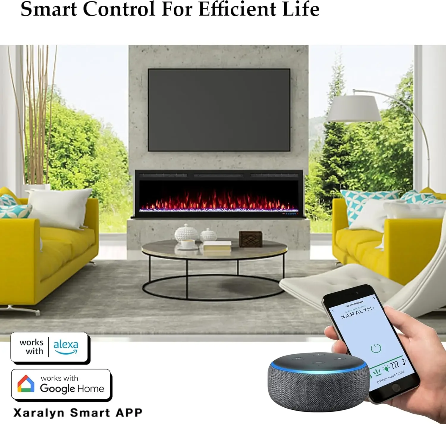 Fireplace, Smart Control via Alexa or App, Recessed & Wall Mounted Fireplace Heater with Thermostat