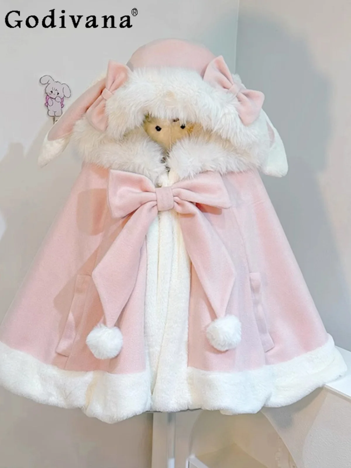 

Women's Lolita Capes Lady Velvet Warm Bow Rabbit Ears Hooded Cape Jacket Ladies Girls Sweet Cute Pink Ponchos Winter New 2024