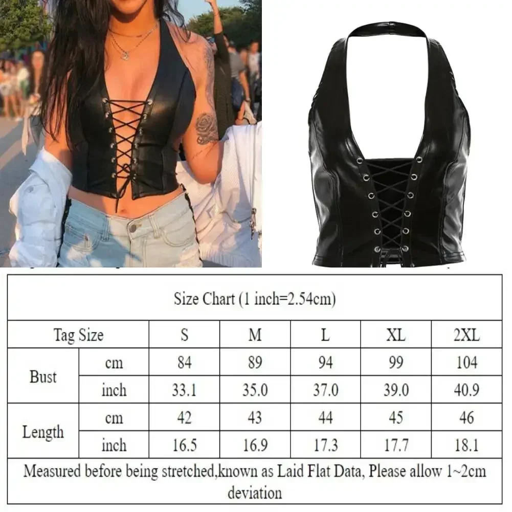 Sexy Women‘s Tanks Vests Solid Black PU Leather Y2k Gothic Lace Up Deep V Neck Party Clubwear Wet Look Corset Bra Vest T Shirt