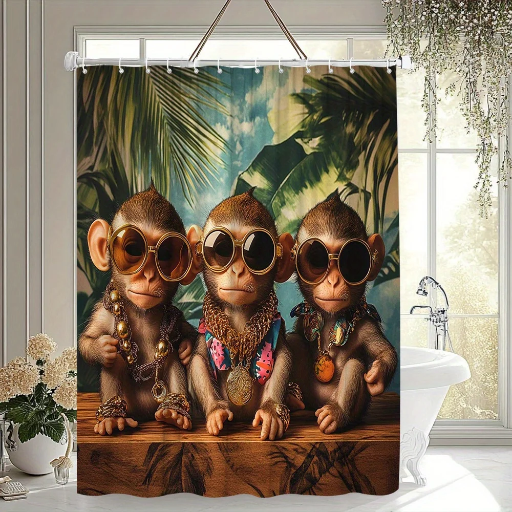 Funny Monkey Shower Curtain - Three Monkeys with Sunglasses, Tropical Jungle Print, Waterproof Bathroom Decor, Multiple Sizes