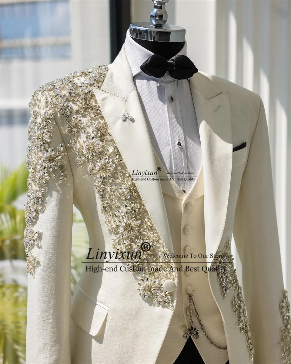 Fashion Shiny Men Suits For Wedding Luxury Beaded Crystals Groom Tuxedos 3 Pieces Set Male Party Blazer Slim Fit ropa hombre