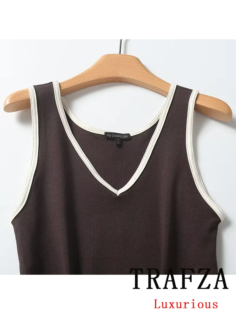 TRAFZA Vintage Casual Chic Women Tops Solid V-Neck Sleeveless Short Slim Vest New Fashion 2024 Spring Summer Holiday Female Tops