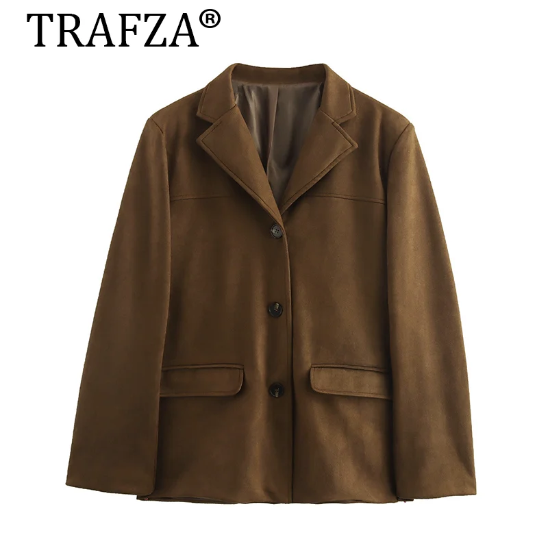 TRAFZA Suede Blazer Woman 2024 Atumn Jacket Single-Breasted Fitting Blazer Women Streetwear Casual Woman Blazers Coat