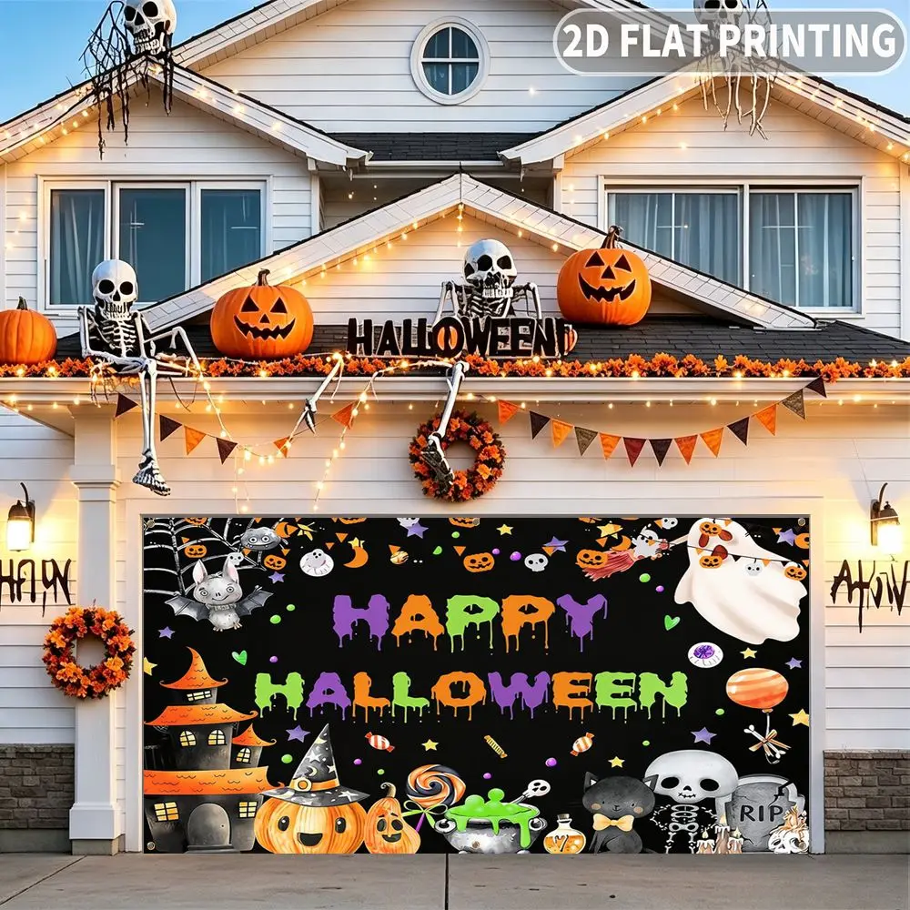 1pc 2D FLAT Halloween Party Garage Banner, Happy Halloween Cartoon Pattern Print Pattern, No Power Need, for Garage Decor