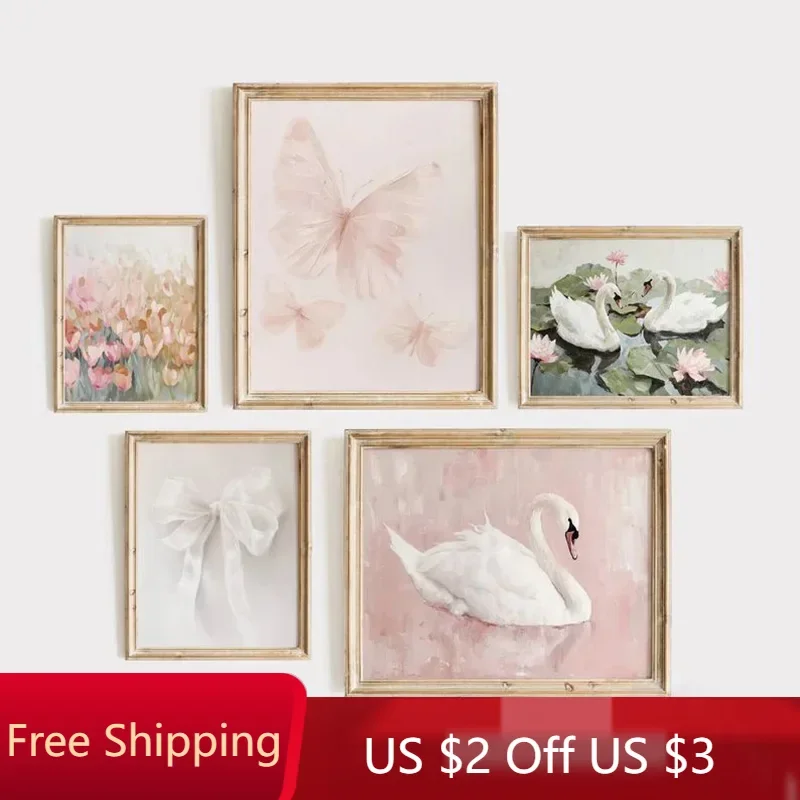 Vintage White Swan Bow Canvas Painting Pink Floral Butterfly Print Posters for Girls Bedroom Nursery Wall Art Home Decoration