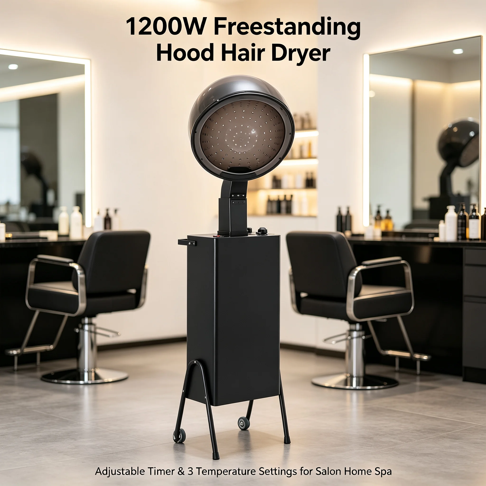 Salon Hair Dryer with Wheels Freestanding 1200W Hood Dryer, Adjustable Timer & 3 Temp Settings Professional Hair Care for Salons, Spas, Home Use