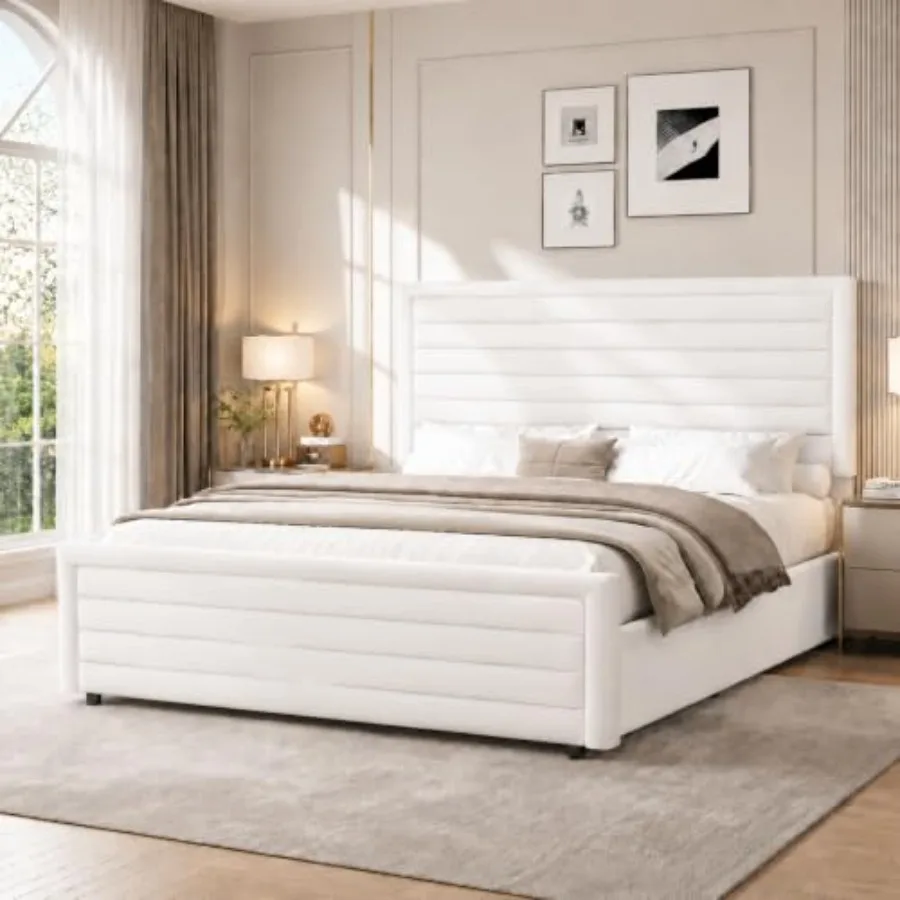 Size Bed Frame with Velvet Upholstered Headboard for Bedroom, Fabric in Beige, Soft Touch and Elegant Design