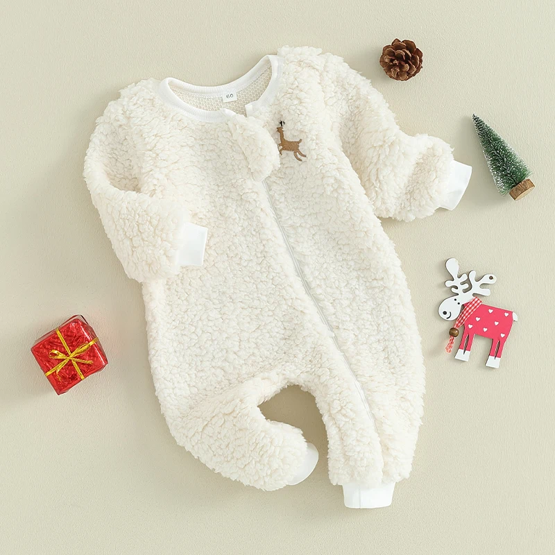 

Suefunskry Baby Jumpsuit, Long Sleeve Crew Neck Embroidery Deer Zipper Romper Christmas Clothes for Autumn Winter 0-18M