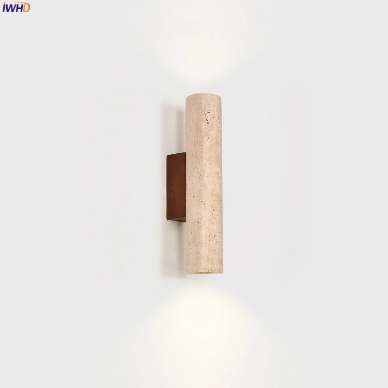 

IWHD Cylinder Stone LED Wall Lamp For Living Room Decoration Bedroom Yellow Travertine Japan Vintage Stair Light Applique Pared