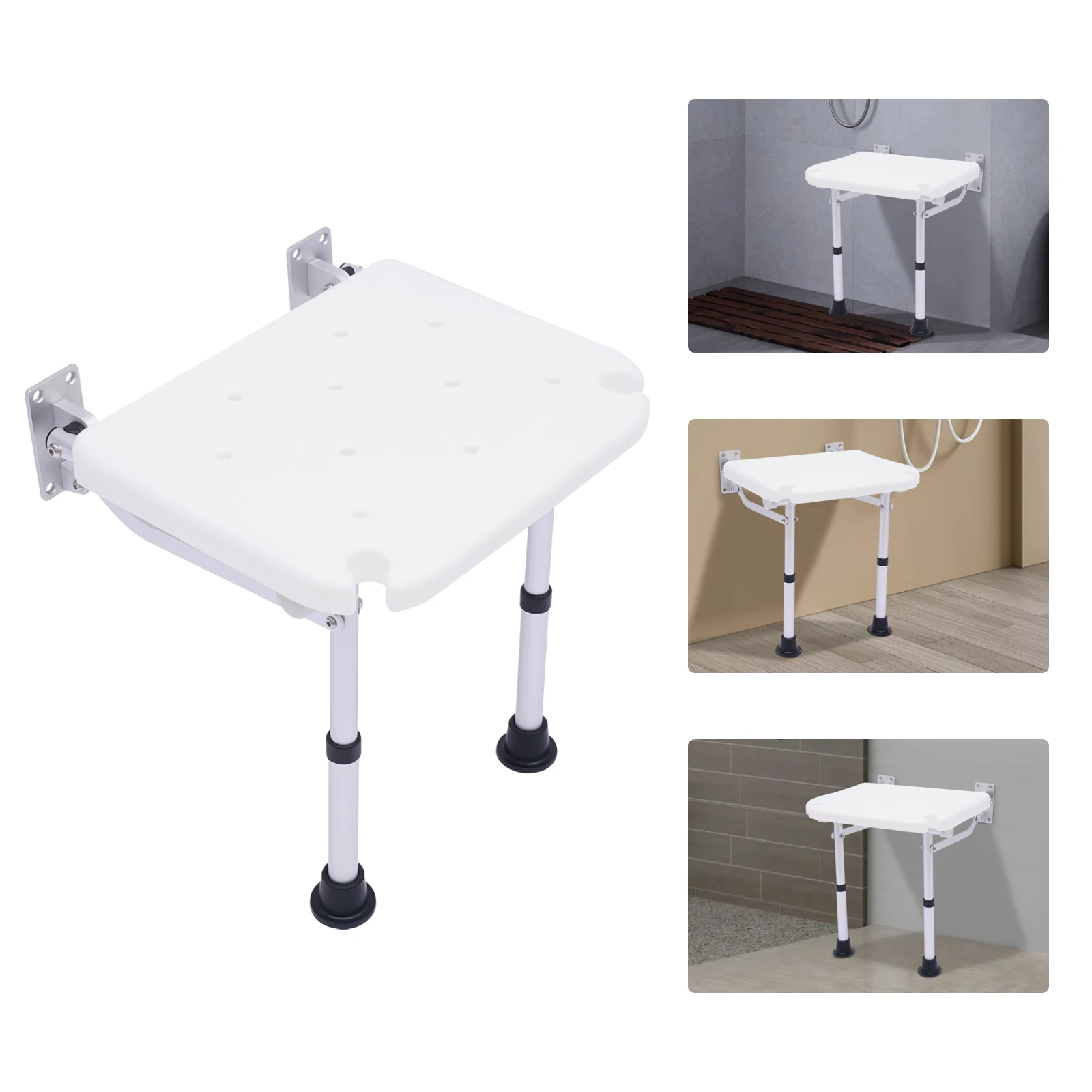 Folding Shower Bench Wall Mounted Flip-up Bath Seat Screw-in Bathroom Chair Stool with Non-slip Feet 42~53mm Height Adjustable