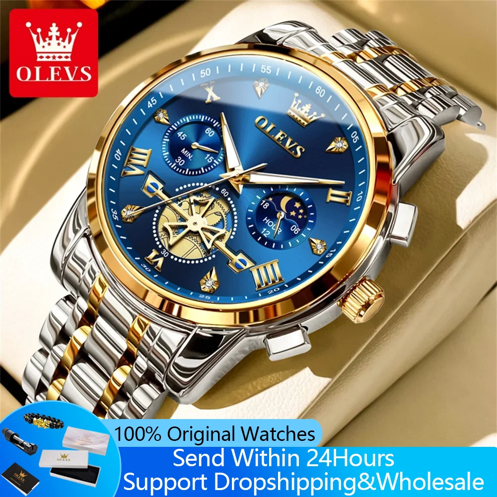 

OLEVS 2856 Кварцевые мужские часы, водонепроницаемые светящиеся оригинальные деловые часы для мужчин, деловые наручные часы из нержавеющей стали с фазой Луны