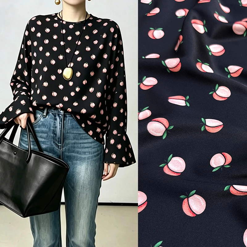 140CM Wide 20MM Pink Fruites Printed Elastic Black Twill Silk Fabric for Comfortable Dress Skirt Pajamas Sewing Material R6880