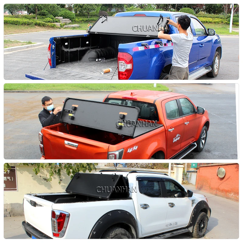 Hard Tri-Fold Tonneau Cover, Heavy Duty Waterproof Truck Bed Lid for Ranger Triton L200 Silverado, Lockable Cargo Storage, Black