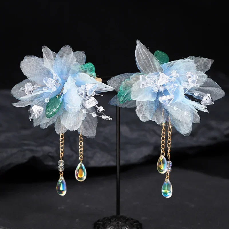 

Purely Handmade Fairy Gas Ice Blue Gauze Glazed Pair Hanfu Headgear Children's Hairpin Photography Photo Hair Jewelry