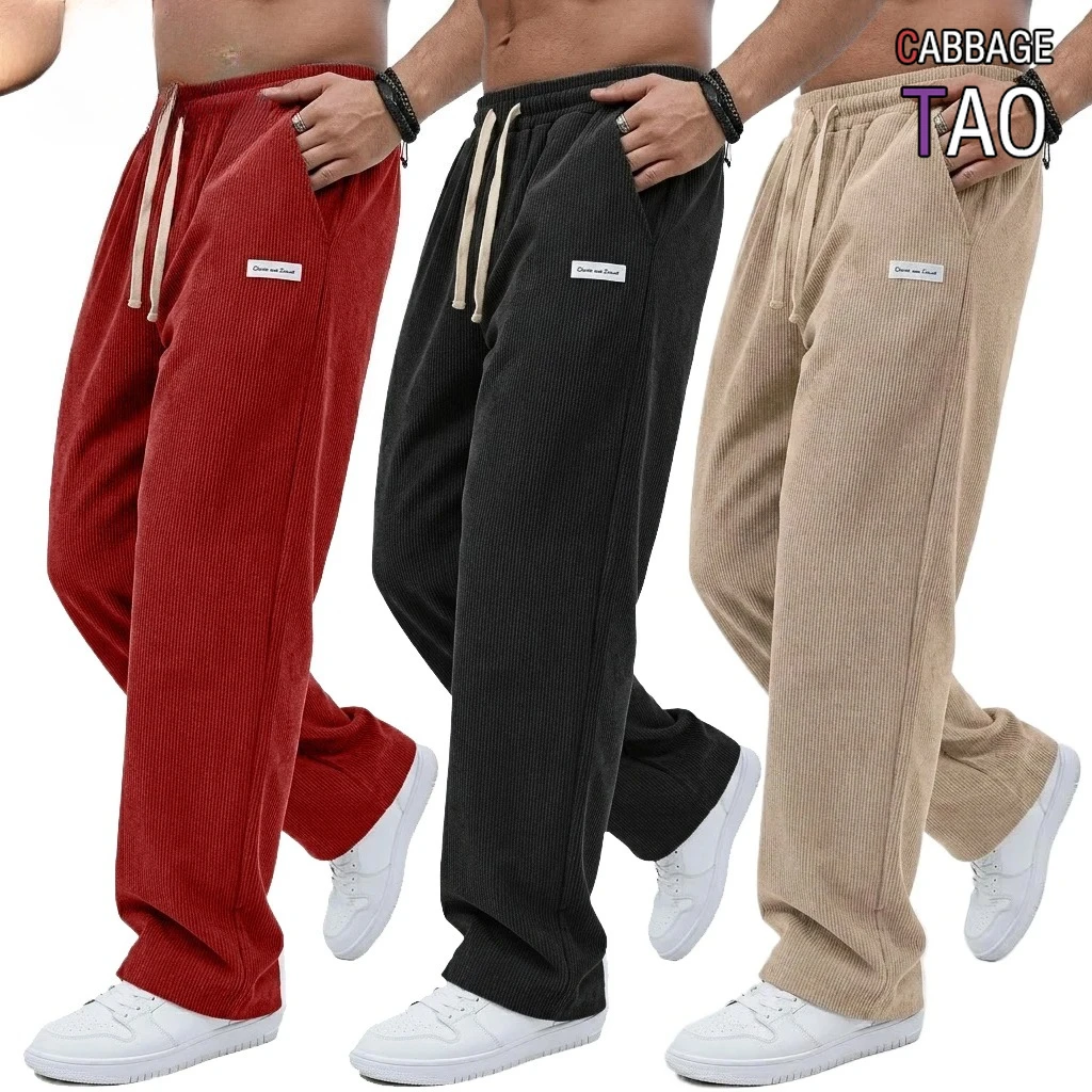 Mens Corduroy Casual Pants Drawstring Elastic Waist Straight Leg Sweatpants Loose Fit Joggers with Pockets Ideal for Work Wear