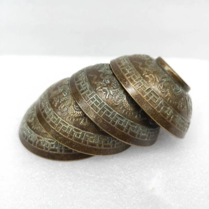

4PCS Pure Copper Dragon Phoenix Small Bowls Tea Cups Wine Glasses Lucky Wealth Ornaments Crafts Antique Bronze Ware Collection