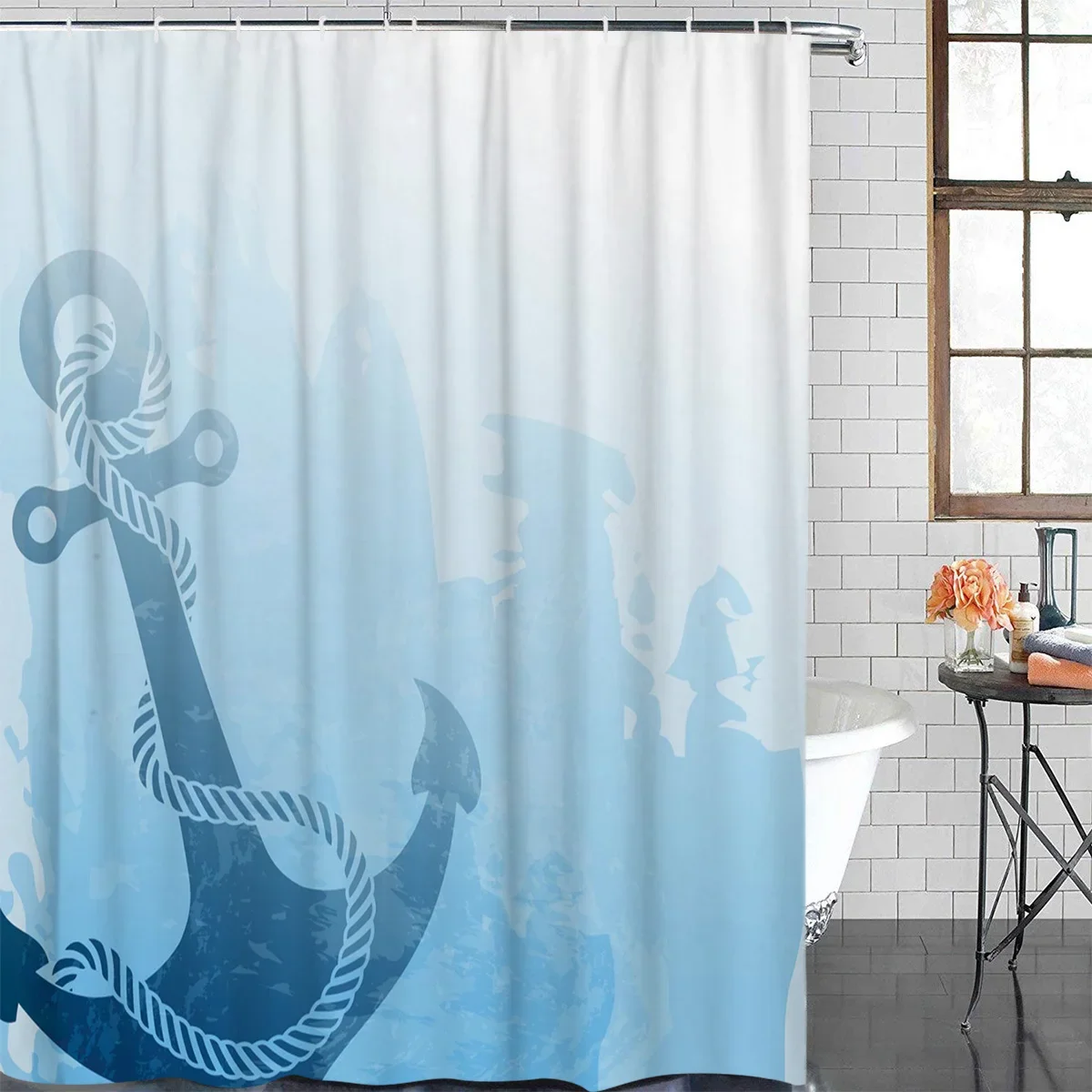 Blue Anchor Silhouette Waterproof Bathroom Decoration Shower Curtain With Hook Printed Bathtub Curtains Bathroom Accessories