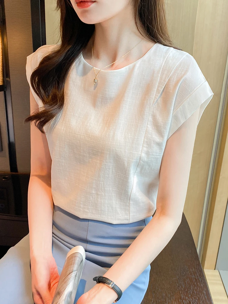 QOERLIN Women New Shirts Summer Cotton Linen O Neck Pullover Sleeveless Blouse Back Keyholes Tops Blouse White Black Apricot Top