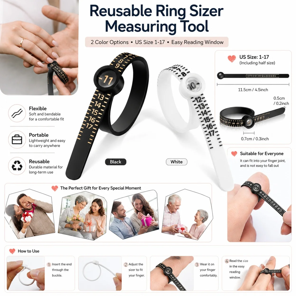 10pcs Reusable Ring Sizer Measuring Tool, US Size 1-17 Finger Size Gauge Belt With Easy Reading Magnifying Window For Men Women Jewelry
