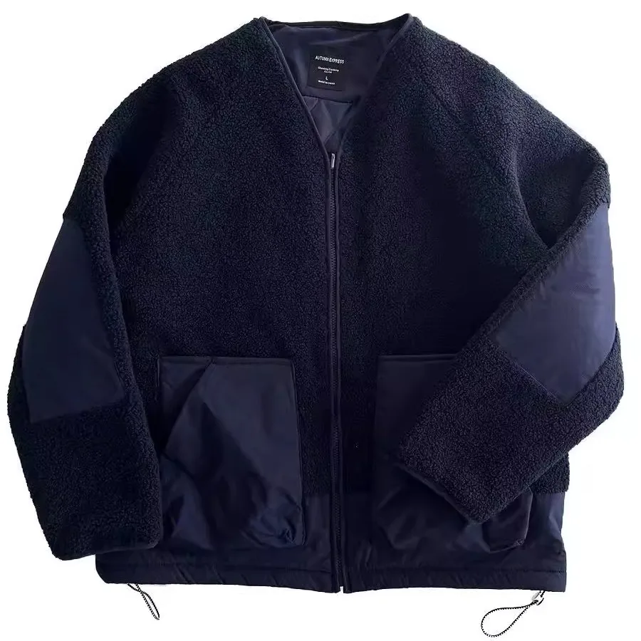 

Lamb Fur Spliced Color Cotton Jaet Men's Functional Sports Quilted Outerwear Loose Double ket Fluffy Workwear Trendy