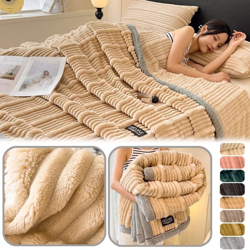 

Imitation Rabbit Velvet Blanket Striped Fluffy Sofa Throw Bed Cover Soft Plush Office Nap Blanket for Autumn Winter Warmth