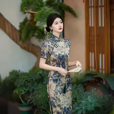 Yourqipao Old Shanghai Chinese Cheongsam Summer Style 2024 New Short-sleeved Retro Qipao Evening Dress