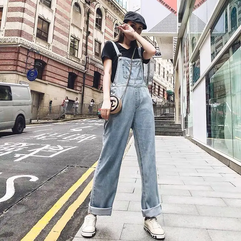 

High Waist Wide Leg Denim Overalls Women's New Sle Korean Loose Youthful Straight Cut kets Long Pants One-Piece Suit