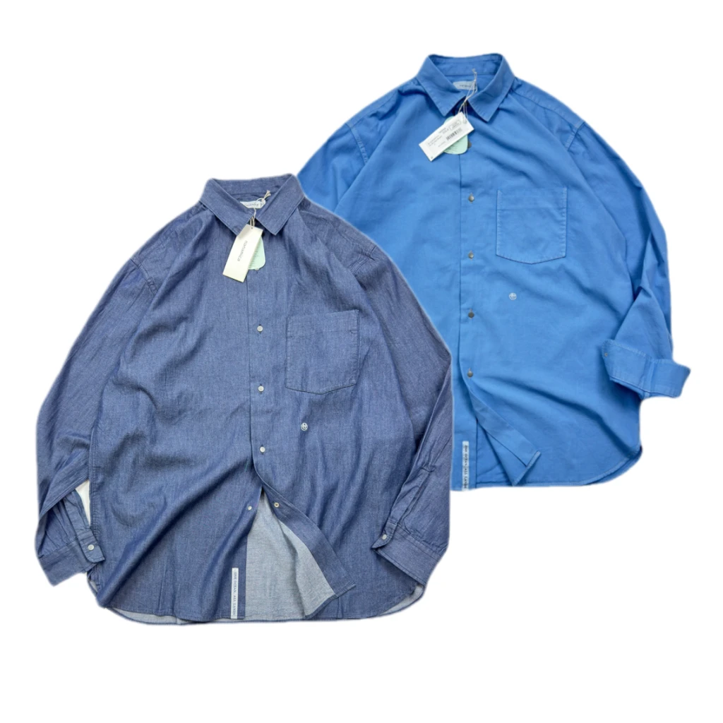 Nanamica Chambray Japan fashion Retro Indigo Core-Spun Yarn Solid Washed Loose Men and Women Long sleeve Shirts