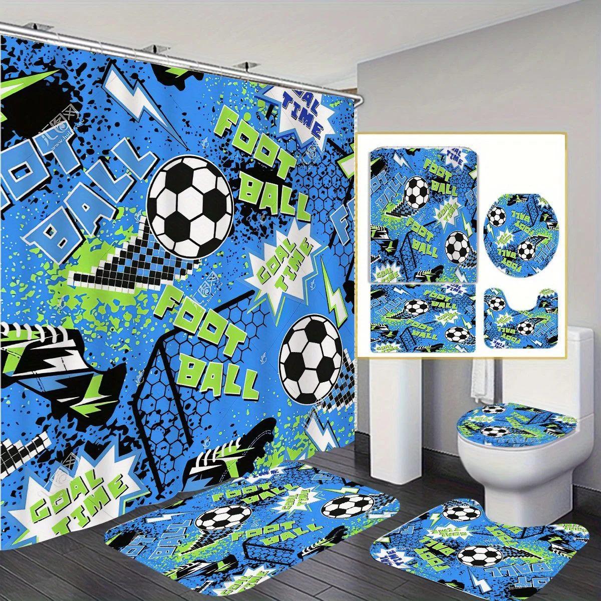 

Football Print Shower Curtain & Bathroom Accessories - Polyester, Non-Slip Mat, Toilet Seat Cover, U-Shaped Rug, Machine Washab