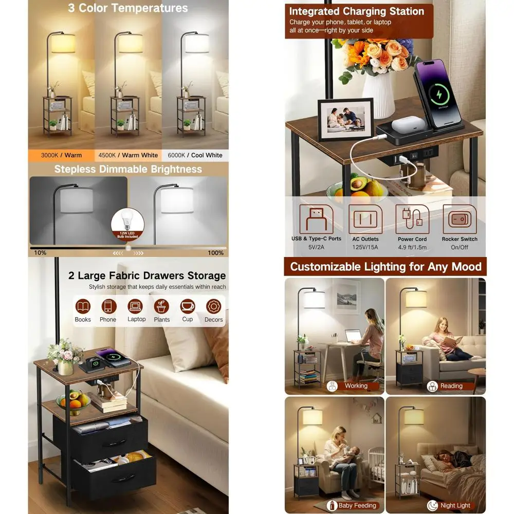 

LED Floor Lamp with Table and Drawers, Remote Control, Charging Side Table, 3-Color Nightstand, 1-Hour Timer, for Living and Bed