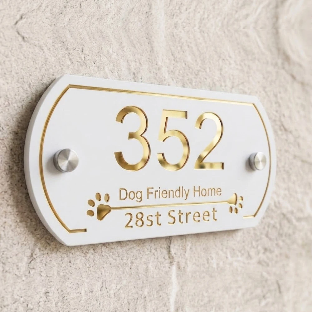 Custom House Number Sign Outdoor - Electroplated Gold Recessed Address Plaque, Matte Acrylic Door Plate with Standoff Fixings fo