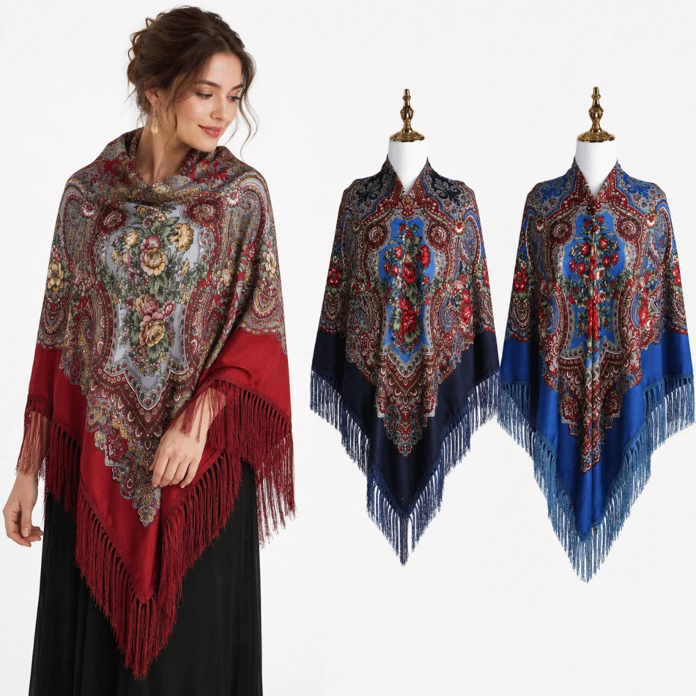 Traditional 160x160cm Square Scarf Floral Print Cotton Shawl Wrap Extra Large Tassel Fringed Scarf For Women