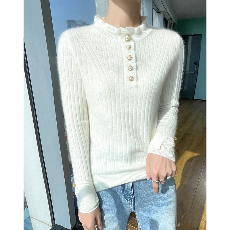 2023 New 100% Wool Women Doll Collar Knit Button Sweater Long Sleeve Casual Solid Female Warm Tops Ladies Sweater