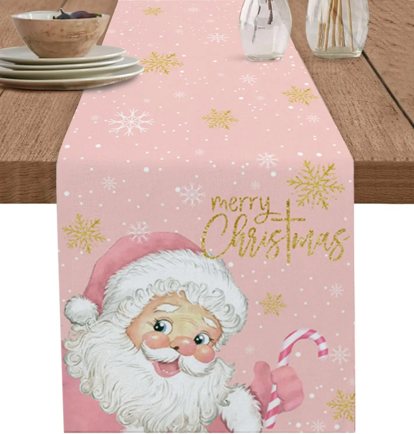 Christmas Snowflake Santa Claus Linen Table Runners Party Decor Reusable Winter Kitchen Dining Table Runner Christmas Decoration