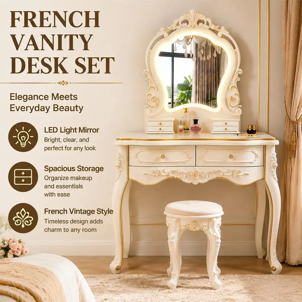 Vintage Vanity Desk with Mirror and Light, Princess Vanity Adult with Cushioned Stool, Luxury Vanity Desk Vintage Style (A, 24