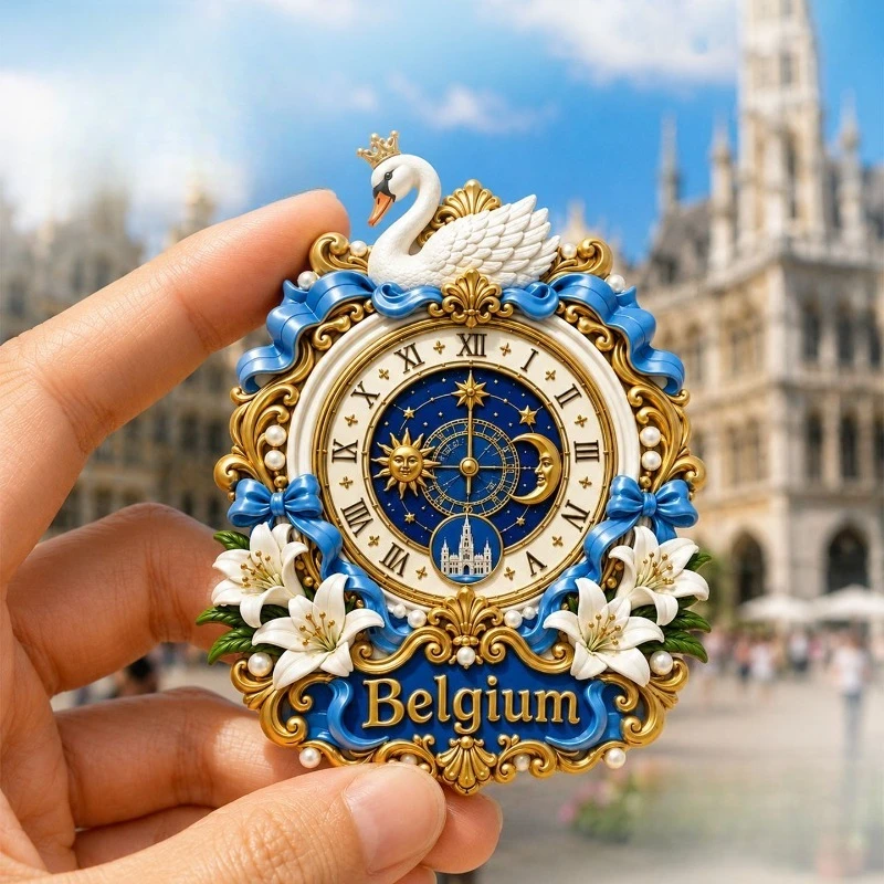 Belgium Swan Astrolabe Fridge Magnet - Elegant 3D European Souvenir Unique Heritage Gift for Travel & Astrology Decor