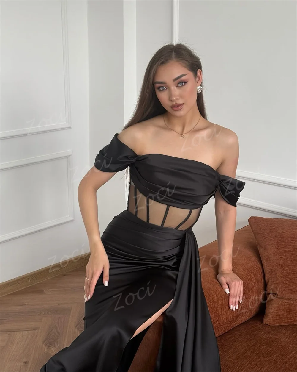 Zoci Black Satin Mermaid Prom Dresses Customized Off Shoulder Formal Evening Dress Transparent Top Slit Special Prom Party Gowns