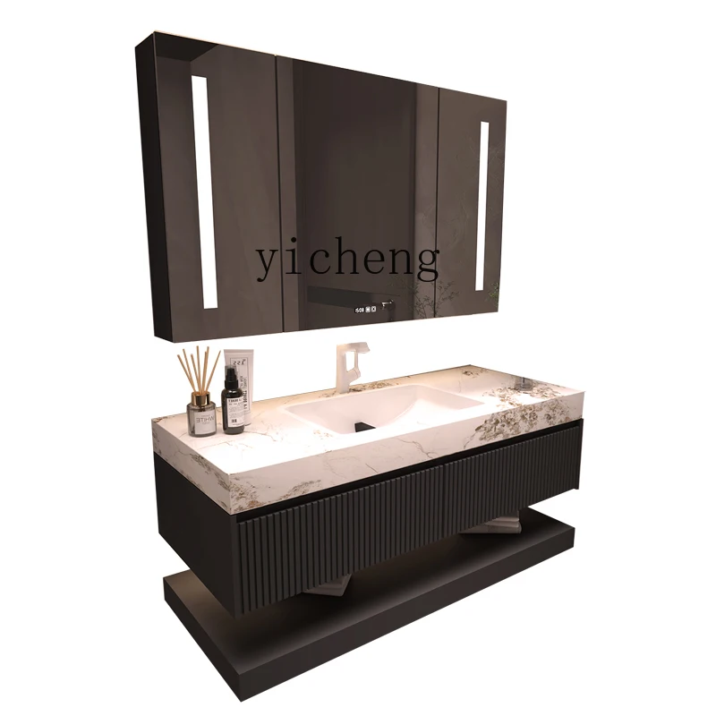 

XL French bathroom combination cream wind rock slab hot bending integrated basin solid wood washstand