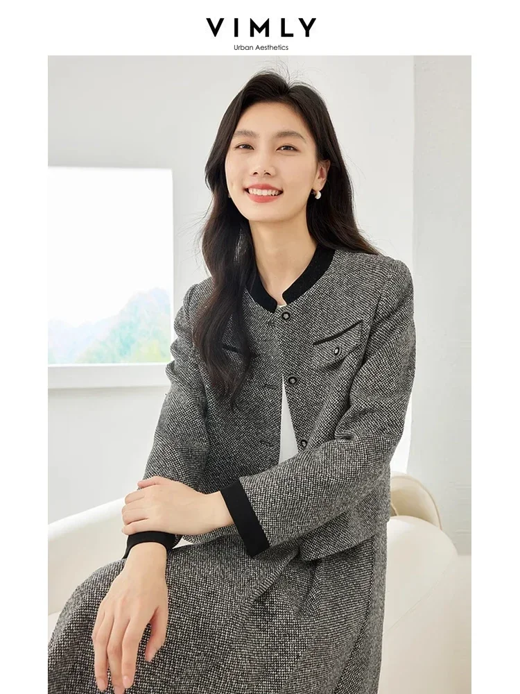 Vimly Elegant Tweed Suit Two Piece Sets for Women 2023 Winter Women's Outfits Cropped Jackets Elastic Waist Pleated Skirts M3539