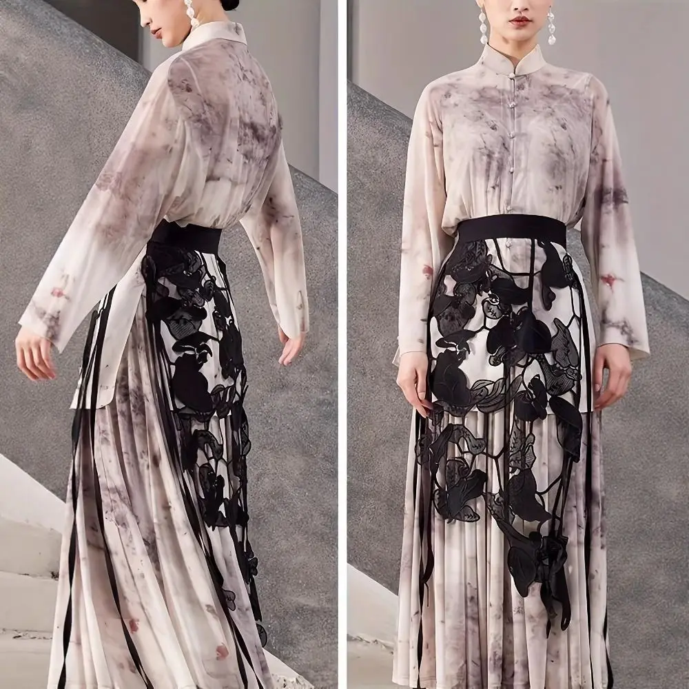 High Waist Lace Midi Skirt Hollow Flower Tassels Embroidered Flower Lace Girdle Belt See Through Irregular Side Slit