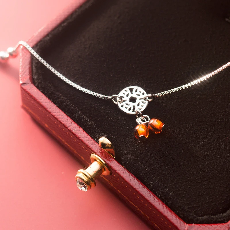 Modian Garnet Coin Light Beads Anklet for Women Fashion Sterling Silver 925  Link Chain Adjustable Anklet Fine Jewelry 2020 New