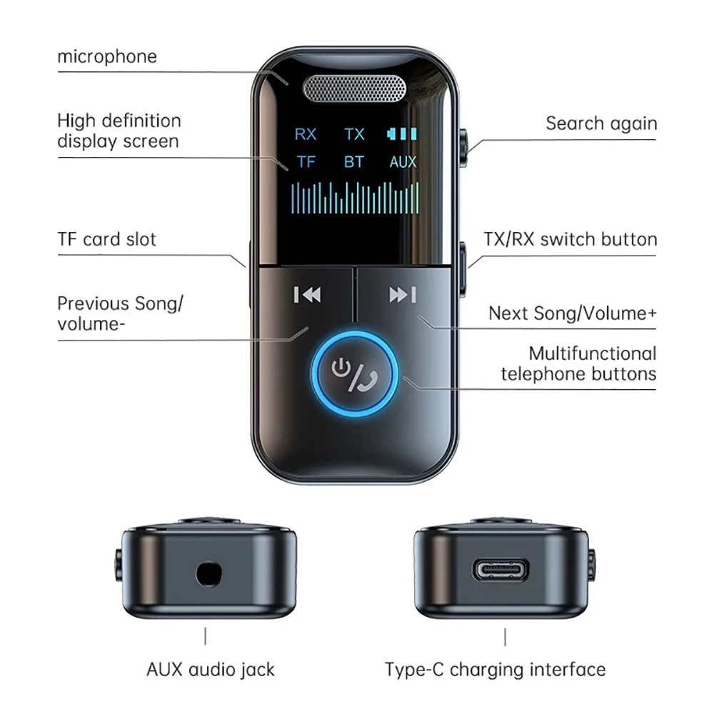 Bluetooth 5.4 Adapter Transmitter Receiver Wireless Audio For Car Music Headphone Speaker PC TV 200mA Battery Support TF Card